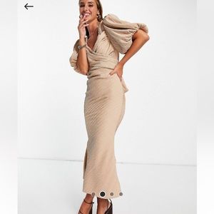 Puff sleeve wrap midi dress with tie in the back